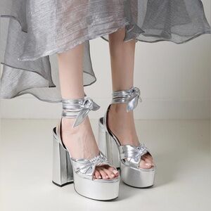Goolita Metallic Lace Up Chunky Heel Platform Open Toe Slingback Ankle Strap